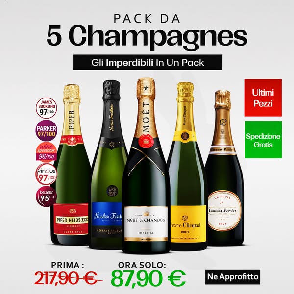 Selezione di 5 Champagne: Bollinger Special Cuvée, Veuve Clicquot Brut, Moët & Chandon Impérial Brut, Taittinger Brut Réserve e Laurent-Perr
