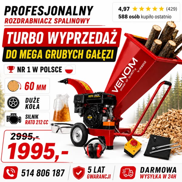 TURBO PROMOCJA NA ROZDRABNIACZ VENOM silnik RATO 212cc do mega grubych gałęzi 60 mm duże koła i wysyłka 24h