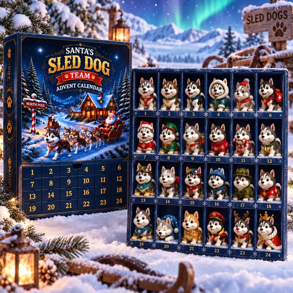 Christmas Gift For Kids – 24 Days Sled Dog Surprise Calendar With Cute Arctic Puppy Collection