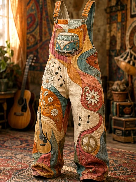 Men's Vintage Hippie Bus Guitar Floral Peace Sign Patchwork Print Overalls Jumpsuit