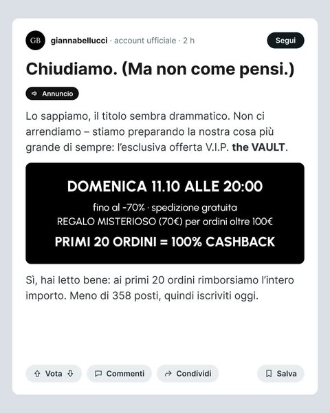 I primi 20 ordini: 100% di CASHBACK