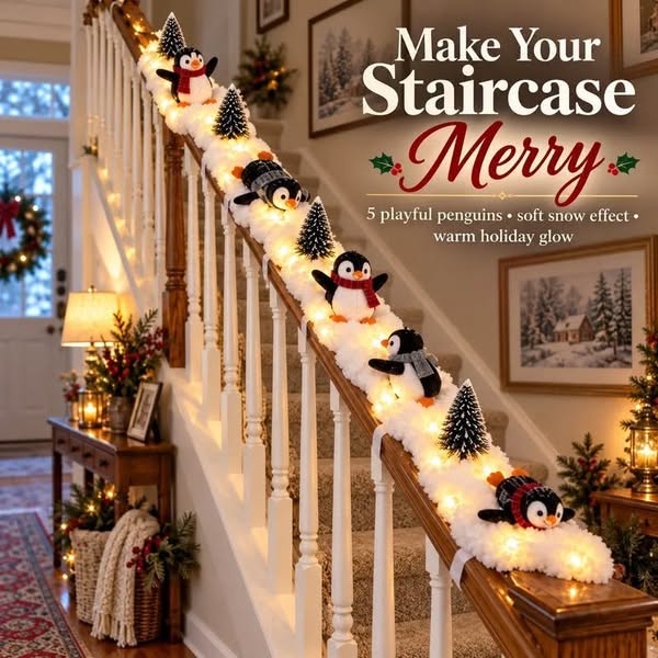 Penguin Christmas Stair Snow Decor - Cheering Penguin