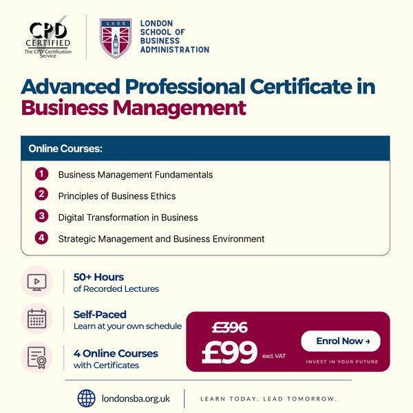 Advanced Professional Certificate in Business Management – Just £99 (excl. VAT)