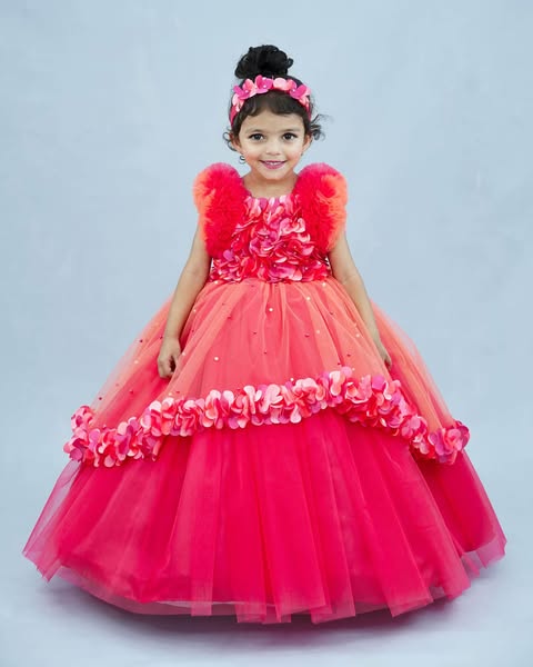 Pink And Peach High Low Flower Petal Frock(Bestseller)