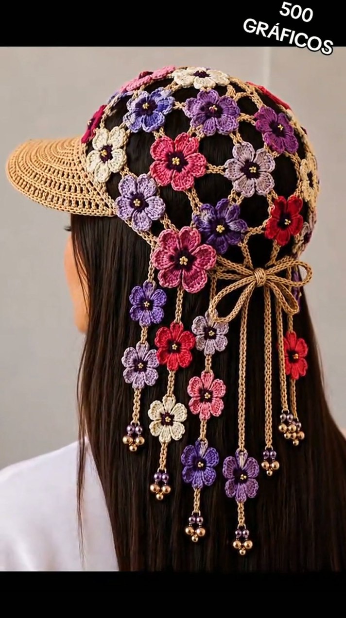 Handcrafted Floral Crochet Baseball Cap | Hollow-Out Knit Boho Hat with Hanging Tassels
