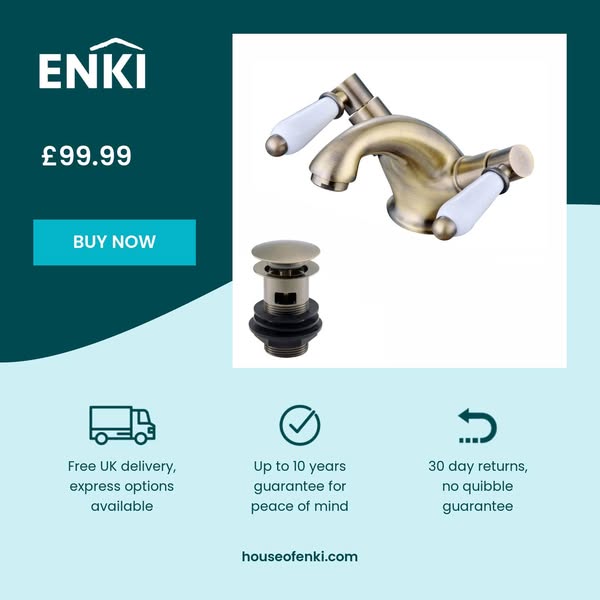 Downton basin mixer tap with white ceramic levers + slotted waste - antique brass
