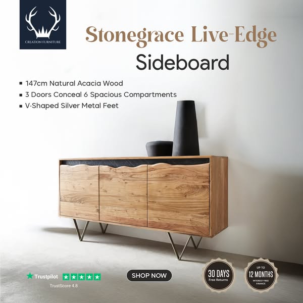 Sideboard Stonegrace 147cm Acacia Wood Natural Stone Veneer V-Foot