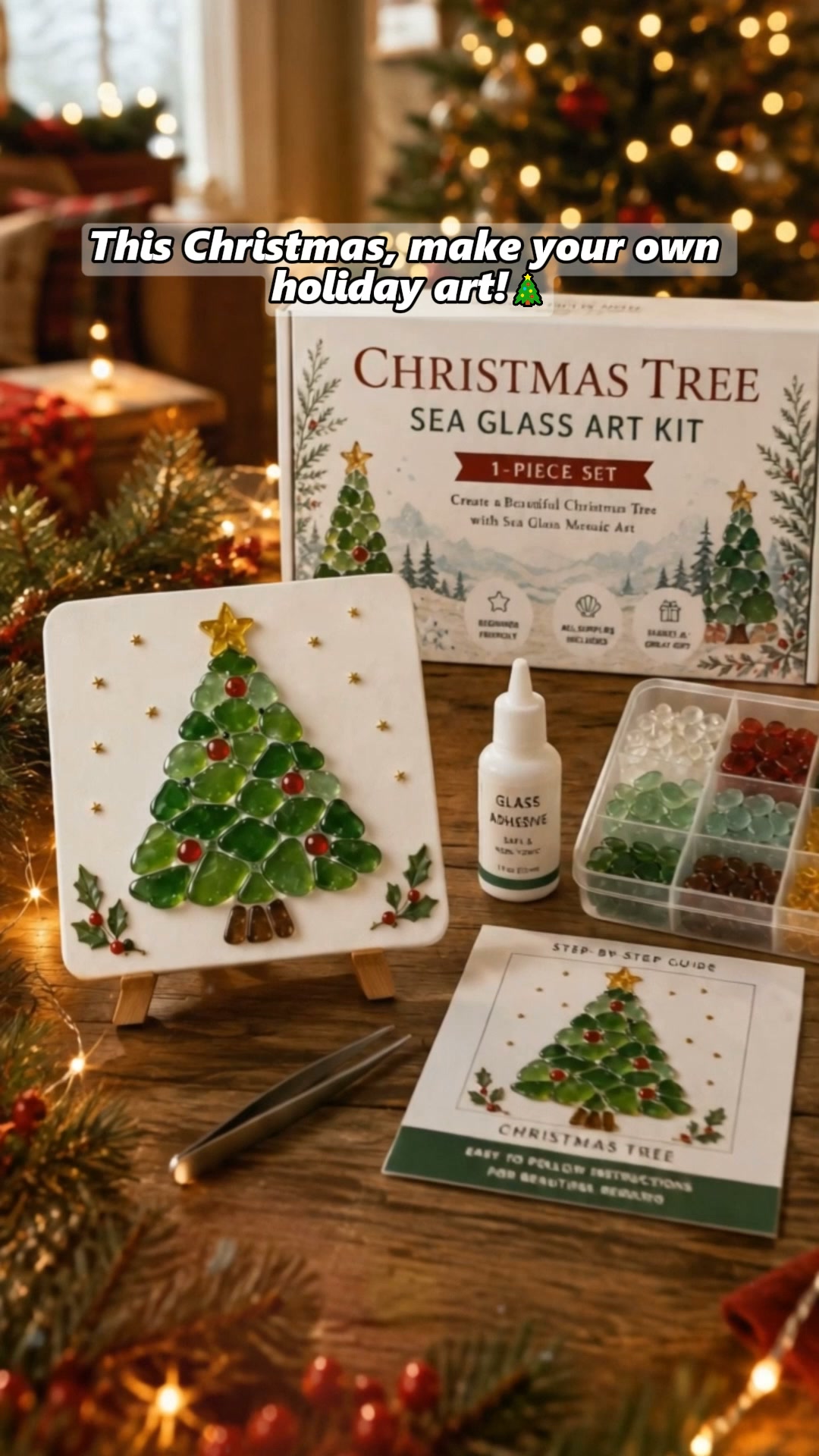 DIY Christmas Sea Glass Mosaic Art Kit |Christmas Tree,Santa,Snowman,Stockings,Beginner Adult Craft Set,Christmas Decor Making Kit,Xmas Gift