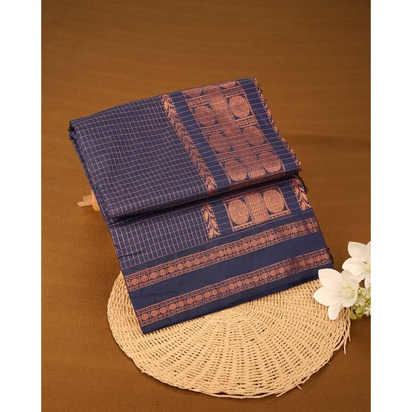 Navy Blue colour kalyani cotton saree featuring zari check pattern on body, complemented by Contrast colour with Antique zari border, paired