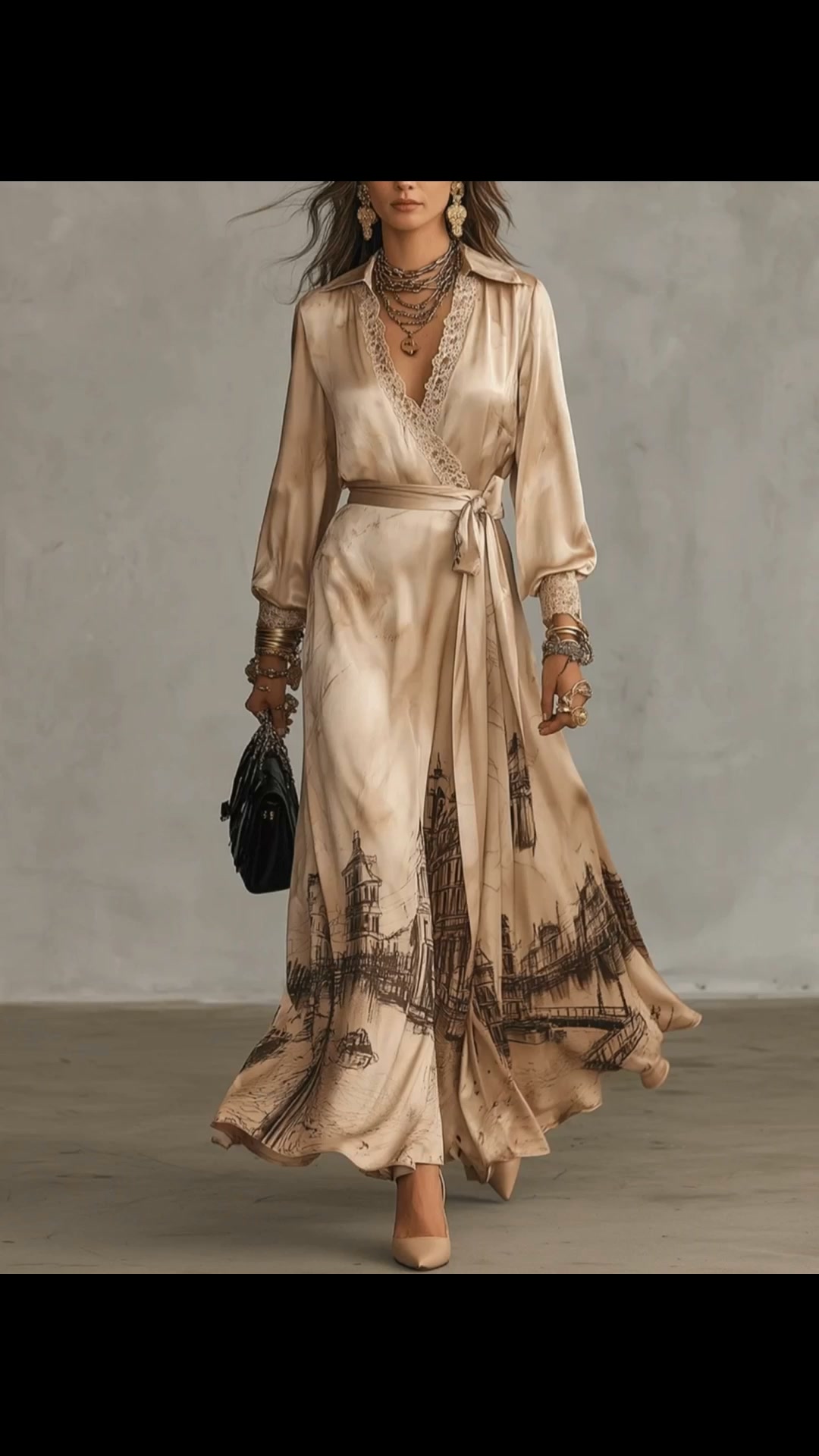 Champagne Vintage Sketch Building Print Satin Wrap Maxi Dress | 10% OFF
