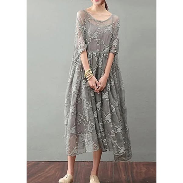 Vintage Gray Maxi Dress Trendy Plus Size Lace Gown Bracelet Sleeve