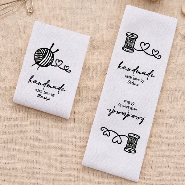 Custom Name Heart Pincushion/Scissors/Yarn Ball Design Cotton Sewing Labels (Set of 50), Handmade Fabric Name Tags, Gifts for Knitters/Craft