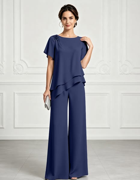 Floral Embroidered Shoulder Chiffon Overlay Wide-Leg 2-Piece Set Sapphire Blue-6