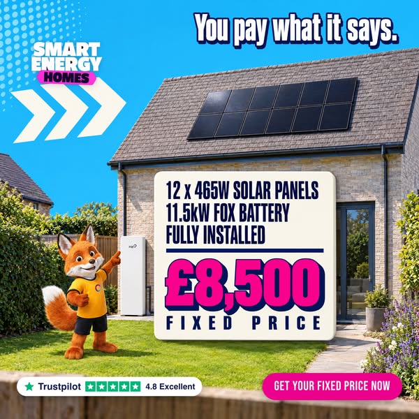 £8,500 fixed. 12 panels + battery