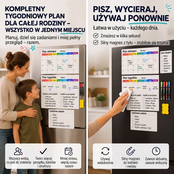 Magnetyczny planer rodzinny – Widok miesięczny, tygodniowy i dzienny