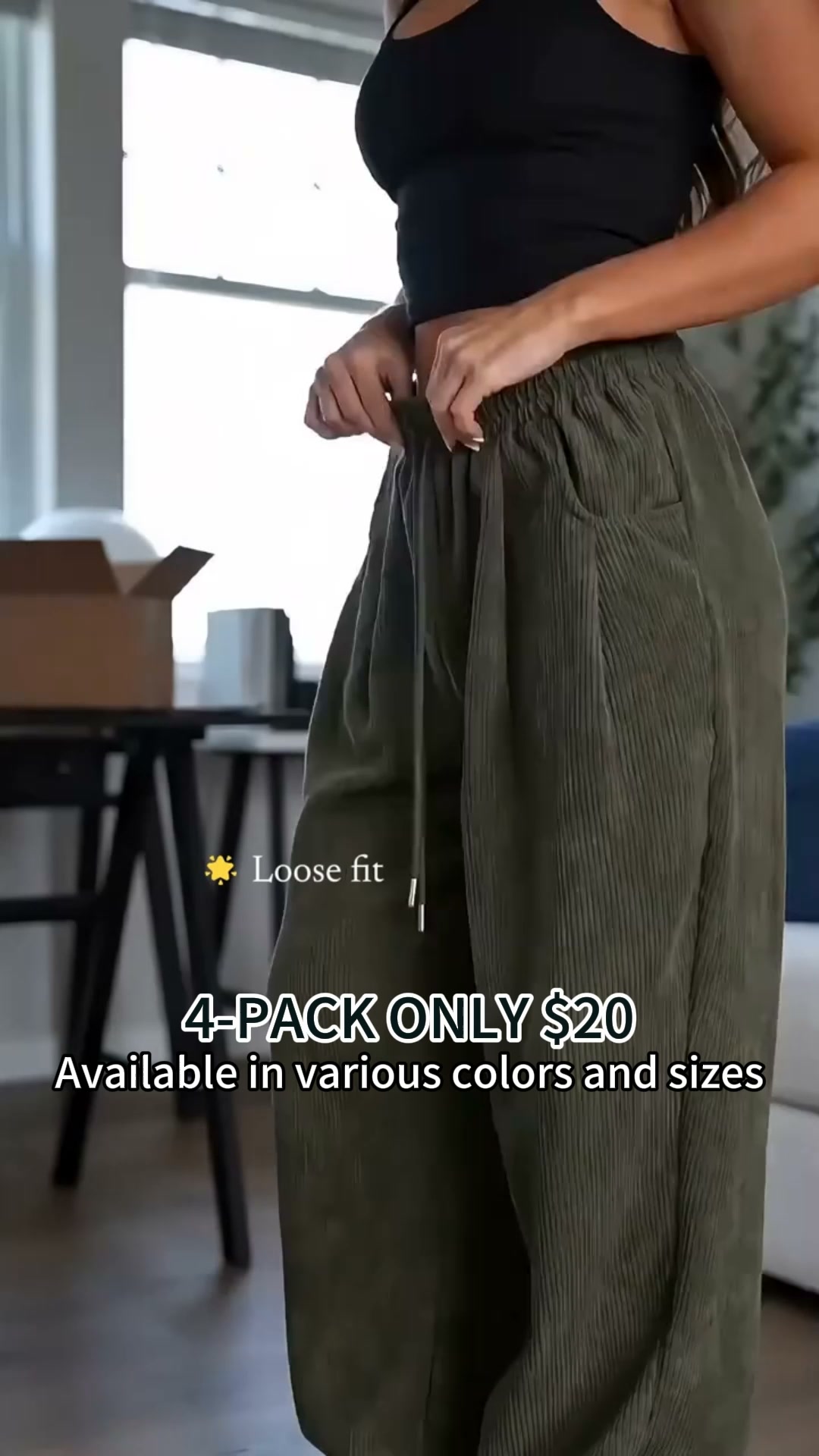 Women's Vintage Appeal Basic Loose-Fitting Baggy Solid Corduroy Drawstring Adjustable Bottom Pants