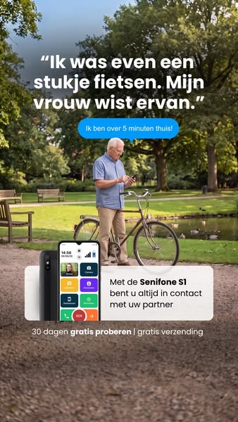 Opa stuurt zijn vrouw een bericht vanaf zijn fiets