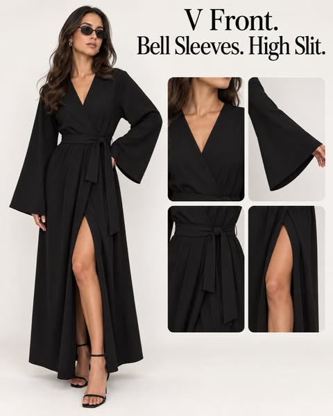 V Front. Bell Sleeves. High Slit.