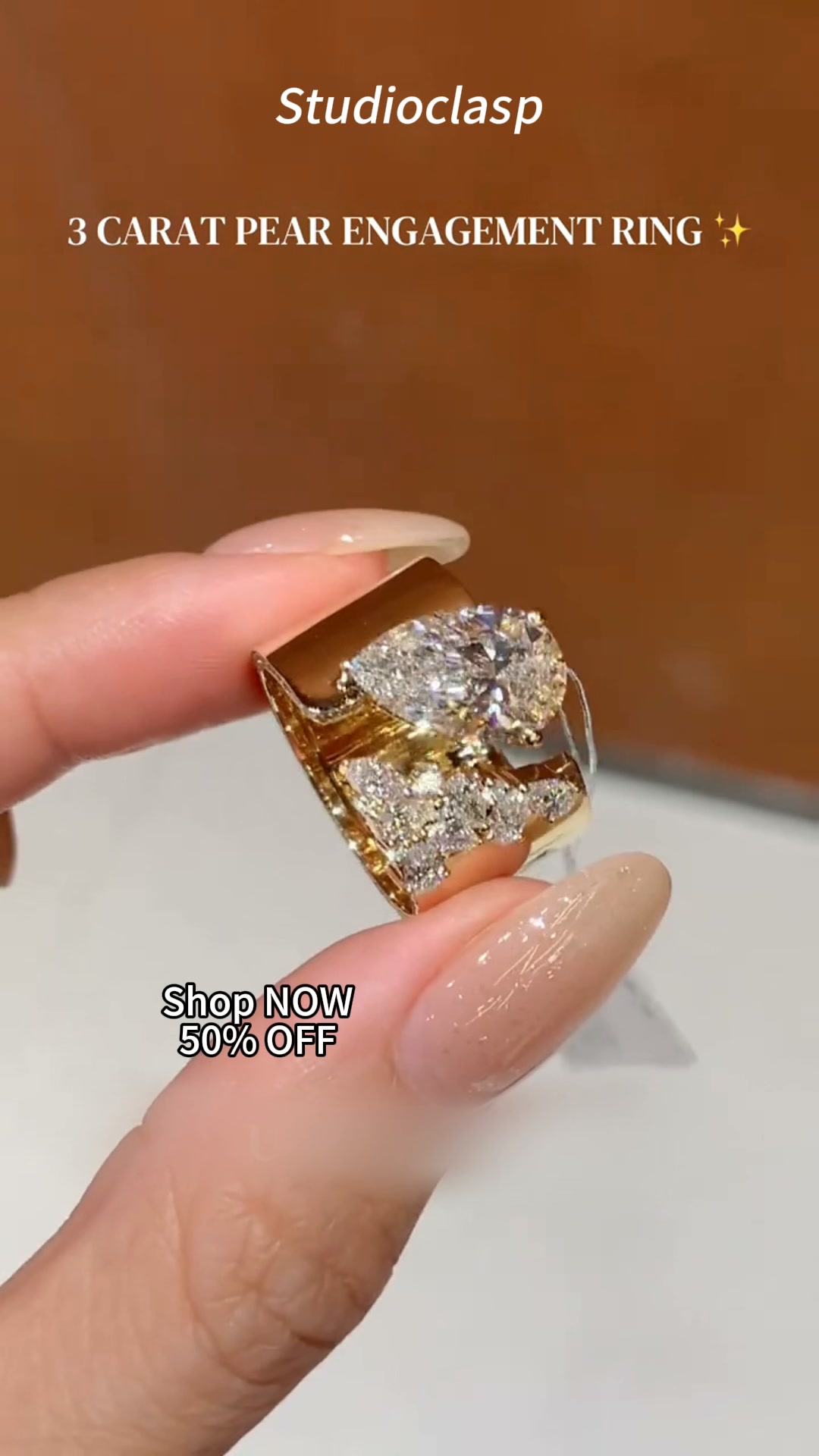 Pear Diamond Open Ring Women Gold Halo Solitaire Adjustable Luxury Jewelry Gift