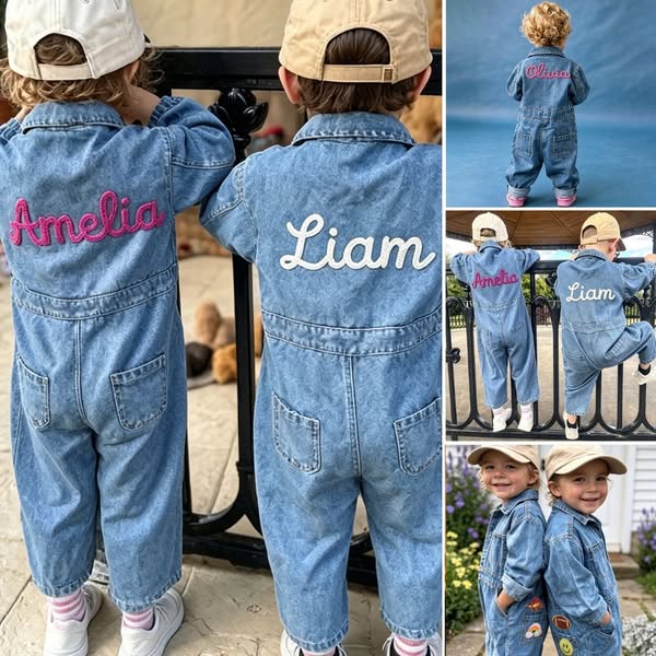 Personalized Baby Hand Embroidered Oversized Denim Jumpsuit
