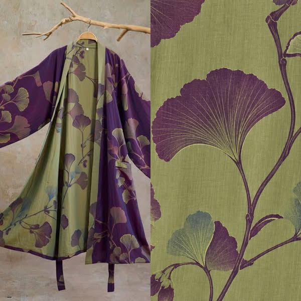 Retro Ginkgo Leaf Cotton Kimono Robe