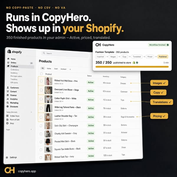 Runs in CopyHero. Lands in Shopify.