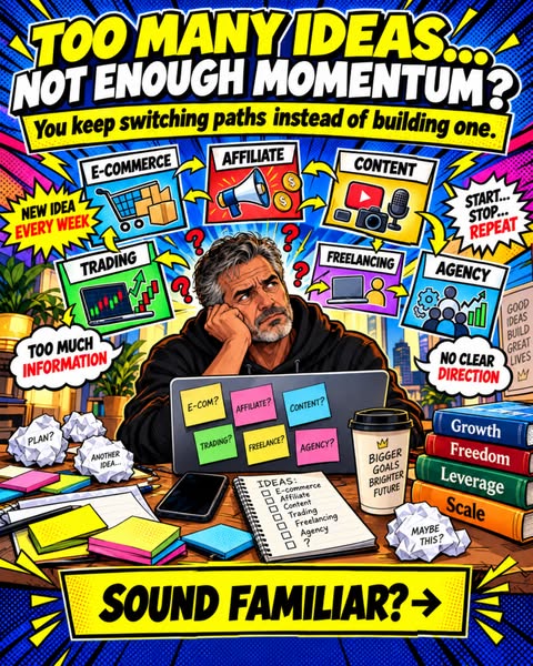 Too many ideas. Not enough momentum. You keep switching paths instead of building one.