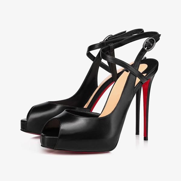 Black Leather Open-Toe Heels with Instep Detail