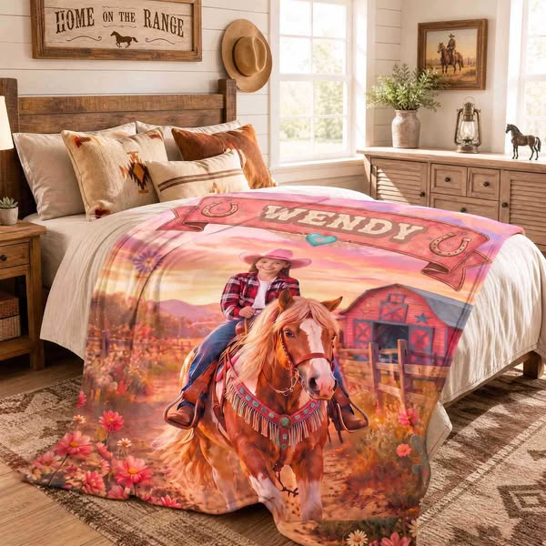 Manta personalizada com nome e foto para pequena cowgirl, em flanela/sherpa, ideal para cama e sofá. Manta rústica estilo rancho, perfeita p