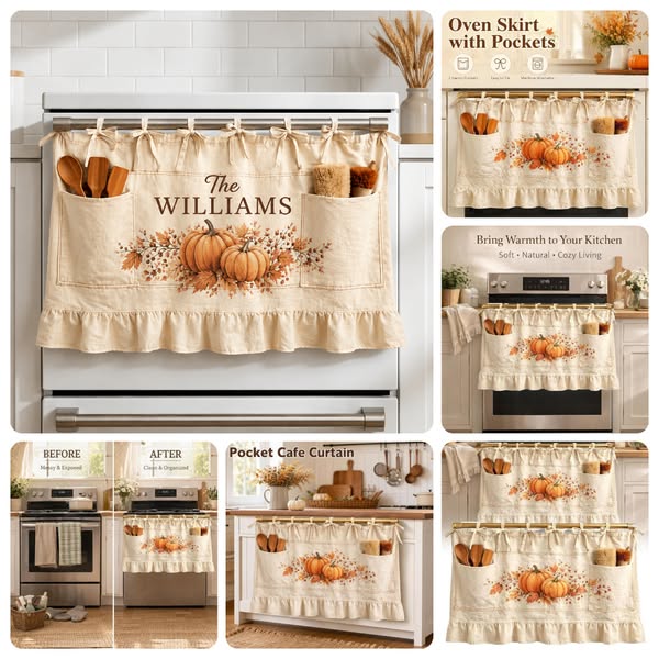 Personalized Fall Oven Skirt, Custom Family Name Oven Curtain with Pockets, Pumpkin Farmhouse Kitchen Decor, Ruffled Stove Skirt, Autumn Hom