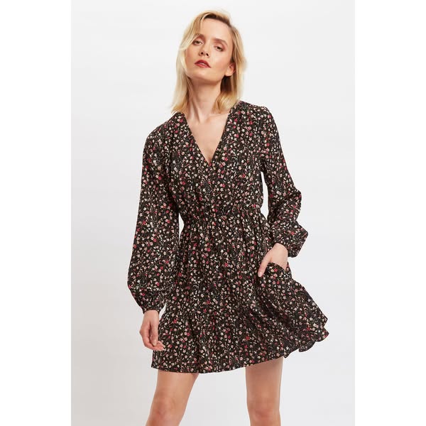 Louche Giovanna Wax Flower Print Long Sleeved Tie Mini Dress