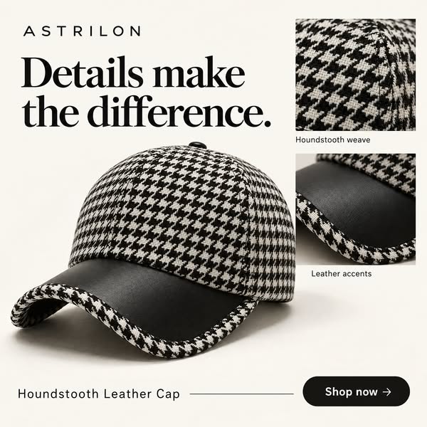 Houndstooth Leather Cap