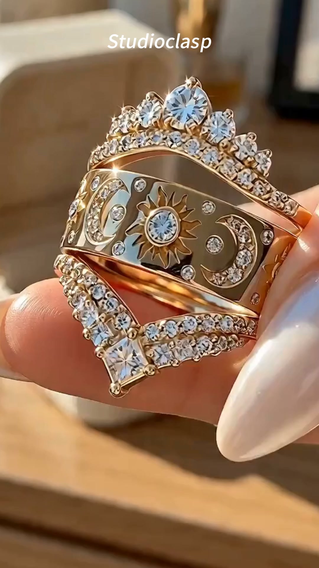 Sun Moon Celestial 3 Piece Stackable Ring Set Women V Shape Pave Diamond Chevron Midi Ring