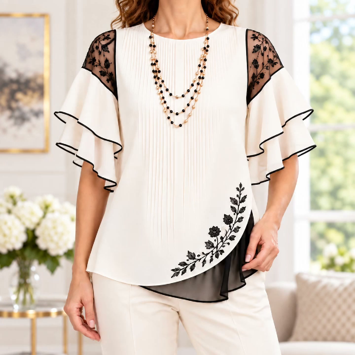 Cream Lace Ruffle Blouse
