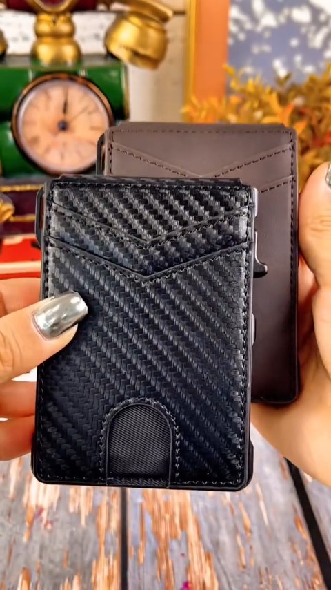 Wallet - With Pop Up Aluminum Case Money Clip Slim Leather Slots Credit Card Holder RFID Blocking Bifold Minimalist Wallet