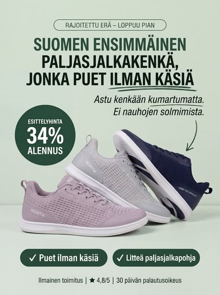 Suomen ensimmäinen hands-free paljasjalkakenkä