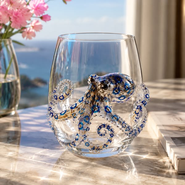 Handblown 3D Blue-ring Octopus Glass Tumbler - Octopus / 1 Pack