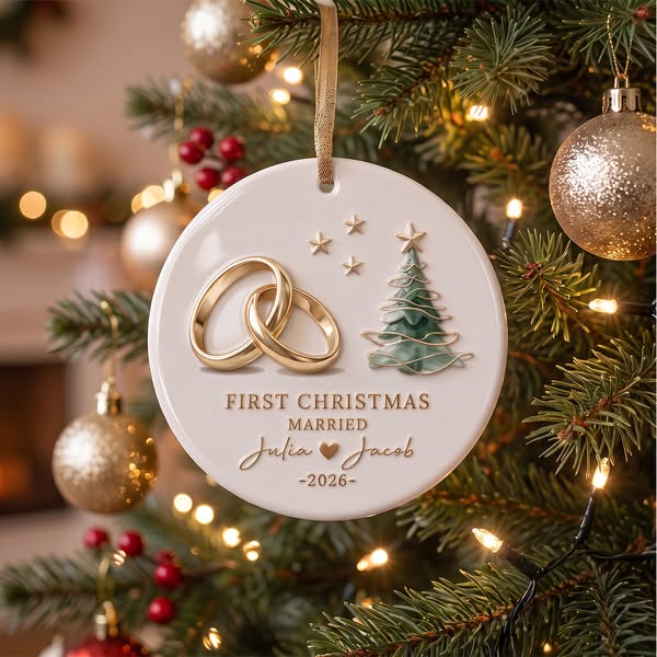 Personalized "First Christmas Married" Ceramic Ornament