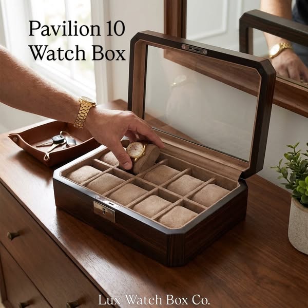 Luxury 10 Slot Watch Box - Burnished Walnut Architectural | LuxWatchBoxCo