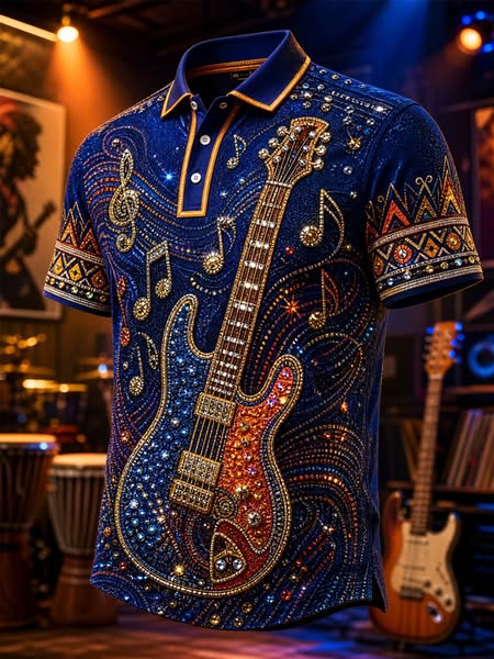 Men's Rock Music Guitar Musical Note Swirl Tribal Geometric Art Print Short Sleeve Polo Shirt