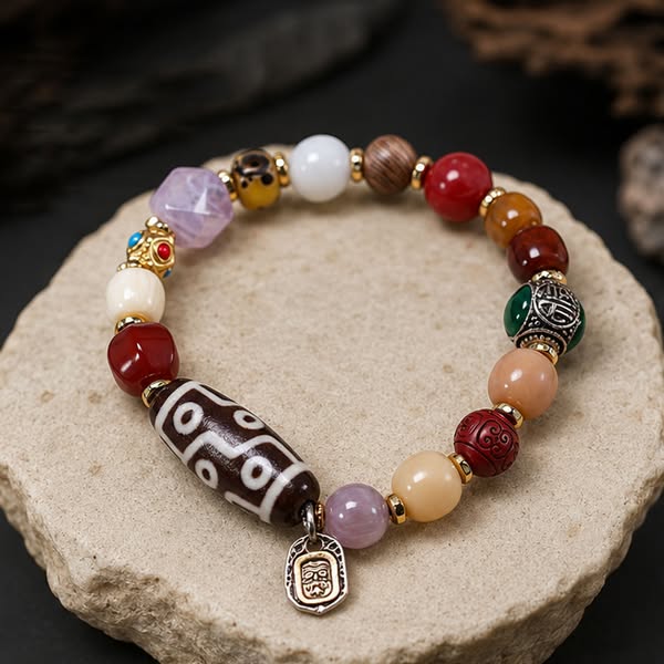 Nine-Eye Dzi & Natural Stone Bracelet