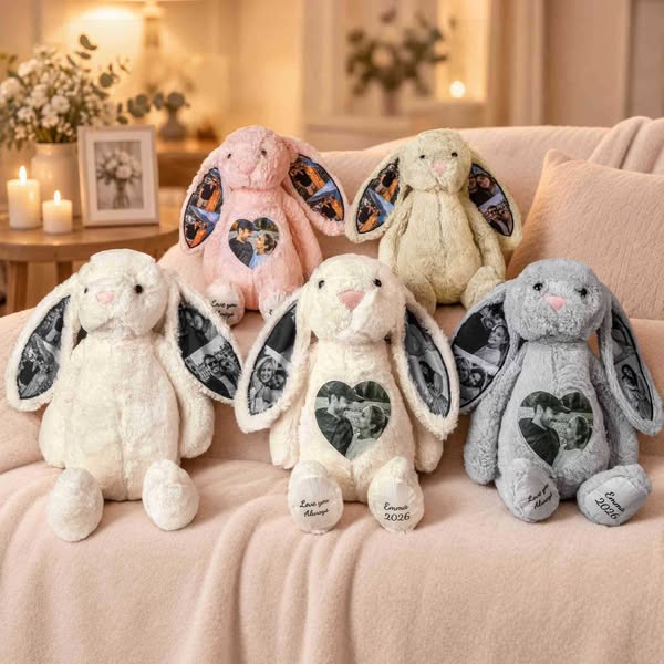 Coelho de pelúcia personalizado com 1 a 4 fotos, coelho macio com orelhas escondidas, presente ideal para relacionamentos à distância, anive