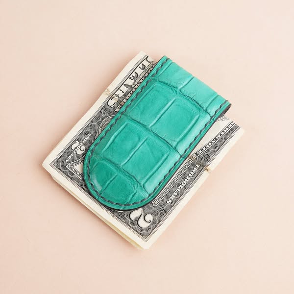 Turquoise Alligator Leather Money Clip - Rounded Shape