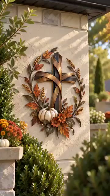 Autumn Cross & Pumpkin Harvest Metal Wall Decor