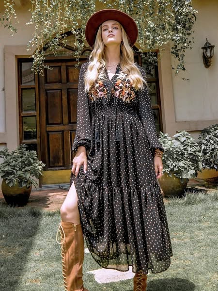Rusttydustty Black Plus Size Polka Dot Embroidery V-Neck Dresses Wedding Guest Party Semi Formal Flared Bishop Sleeve High Waist Boho Vintag