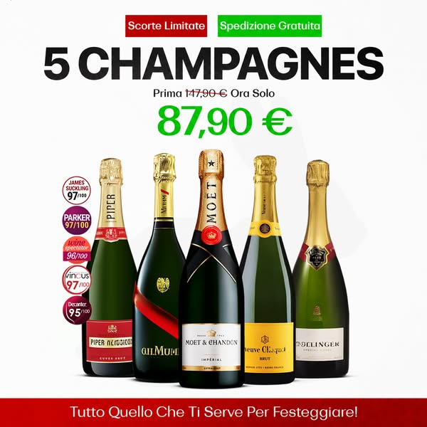 5x750ml: Veuve Clicquot Brut, Moët Impérial, Bollinger Special Cuvée, Mumm Cordon Rouge e Ruinart Brut