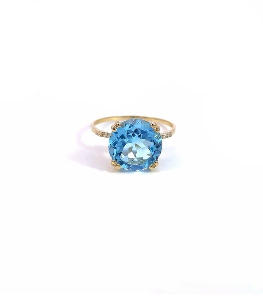Anello Topazio Azzurro Oro Giallo 9kt Diamanti Bianchi