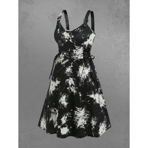 Gothic Plus Size Colorblock Lace Up Backless Buckles Sleeveless Gothic Midi Dress