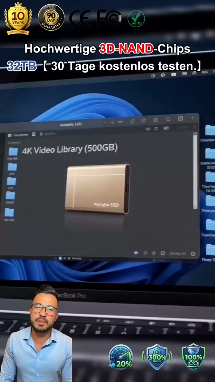 32TB Ultradünne Highspeed-SSD (5.000 MB/s) | Maximaler Schutz