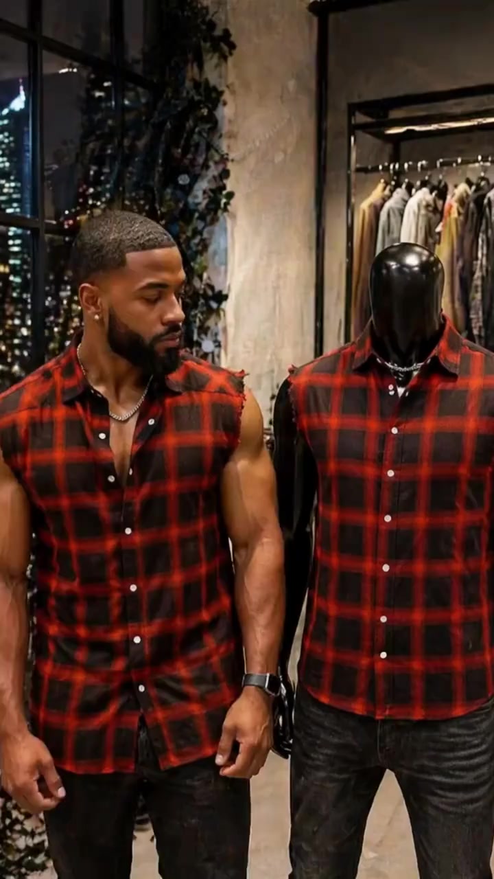 Men’s Red & Black Plaid Sleeveless Flannel Shirt, Frayed Edge